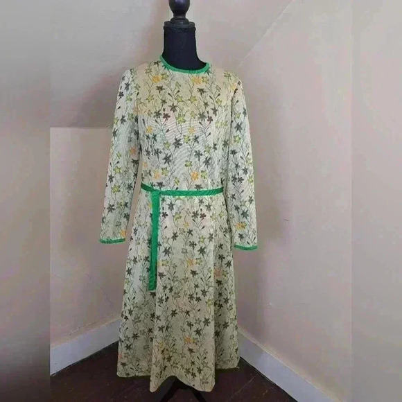 GOLDWORM Wool Knit Vintage Dress Metallic Green Floral Size S - Picture 2 of 15